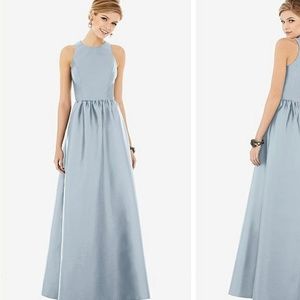 Alfred Sung SLEEVELESS KEYHOLE BACK SATIN MAXI DRESS IN MIST AND MIST